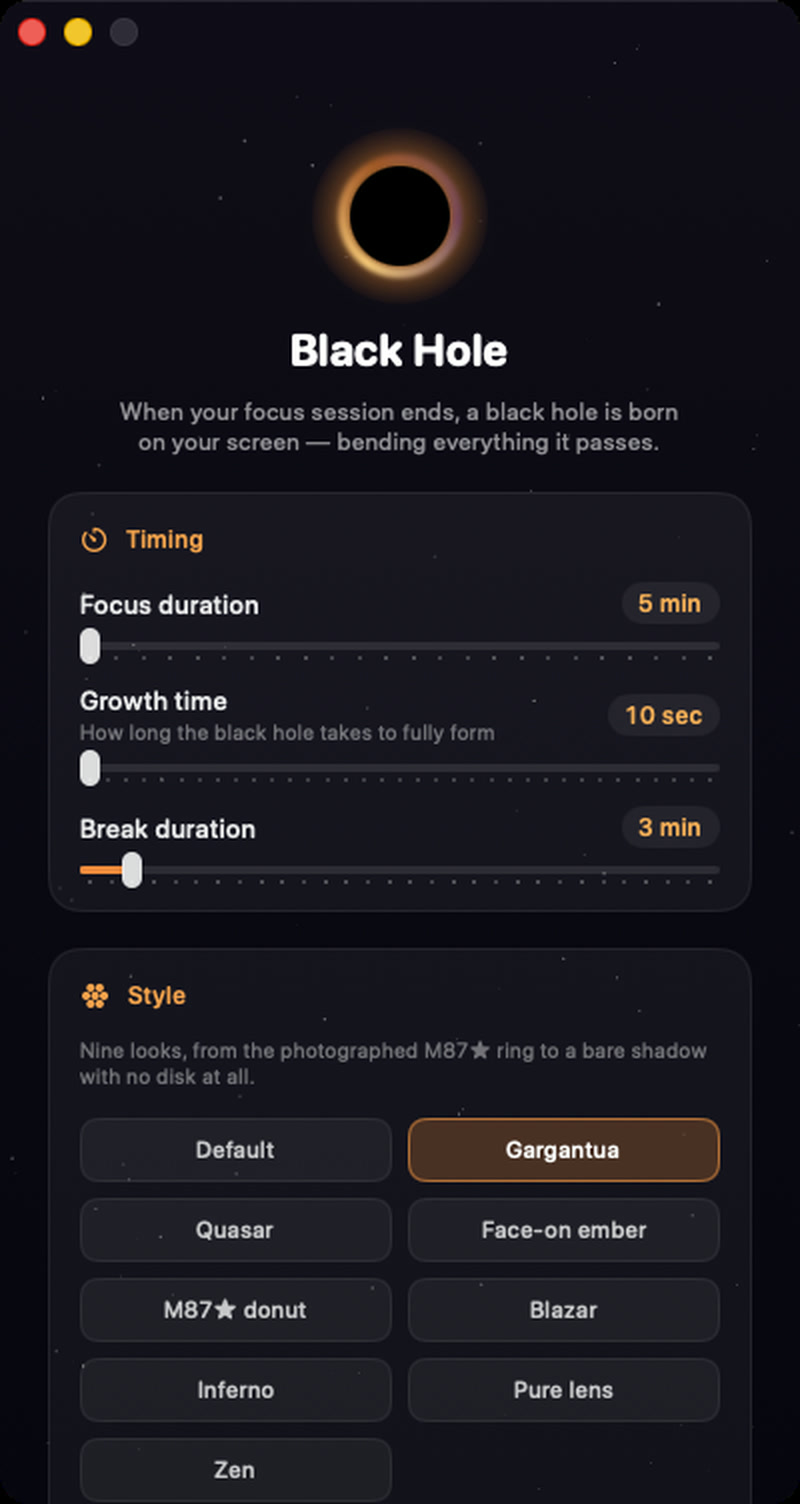 The Black Hole settings window on macOS — focus duration, growth time and break duration sliders, and nine visual styles
