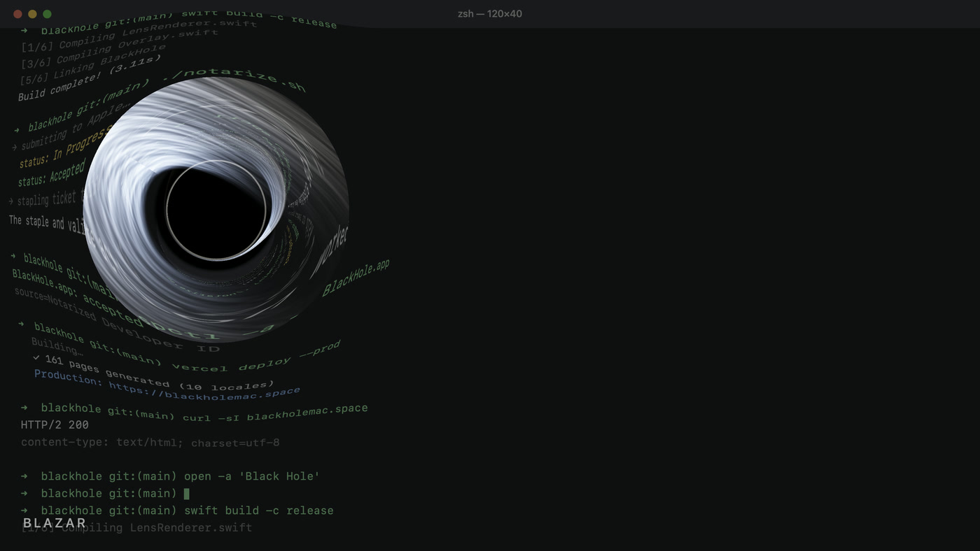 Blazar — Black Hole for Mac Black Hole for Mac in the Blazar style — an extremely hot, fast and wide disk at 18,000 Kelvin