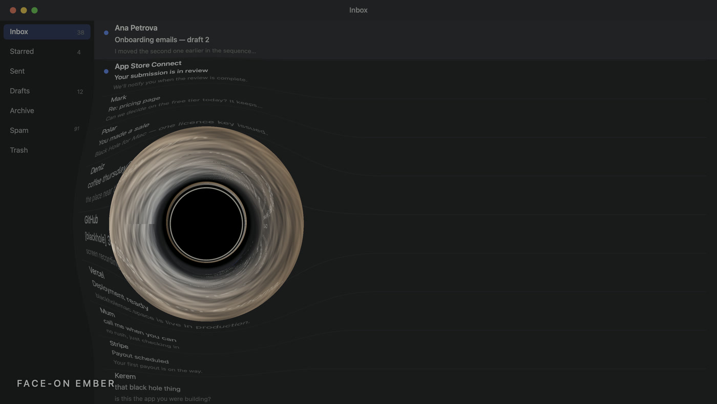 Face-on ember — Black Hole for Mac Black Hole for Mac in the Face-on ember style — the disk seen from above, glowing warm orange