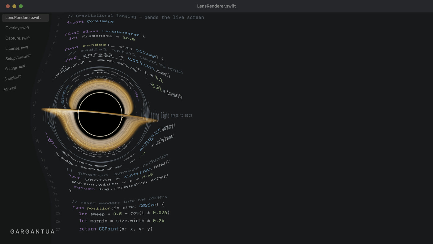 Gargantua — Black Hole for Mac Black Hole for Mac in the Gargantua style — a thin bright disk seen almost edge-on, wrapping over and under the event horizon