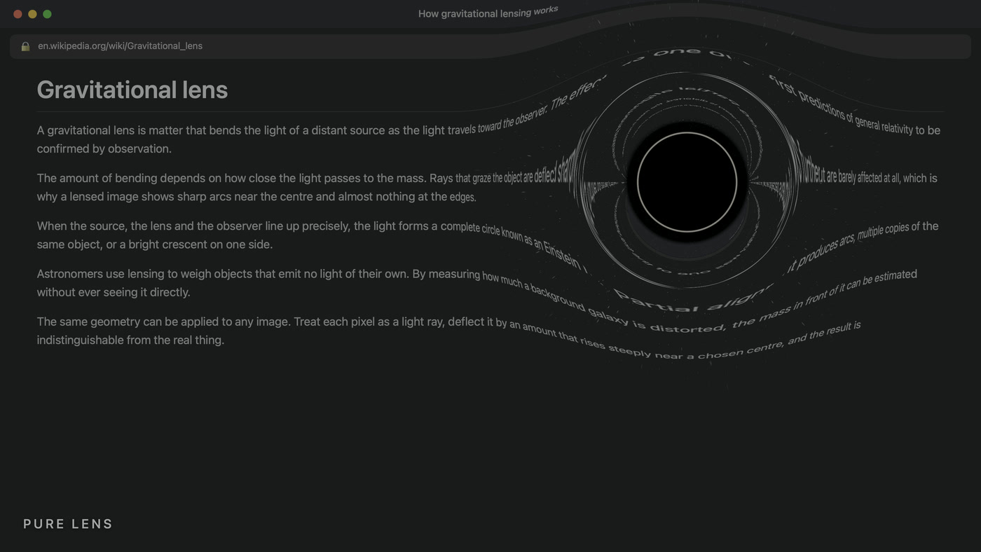 Pure lens — Black Hole for Mac Black Hole for Mac in the Pure lens style — no disk at all — just the shadow, the photon ring and bent starlight
