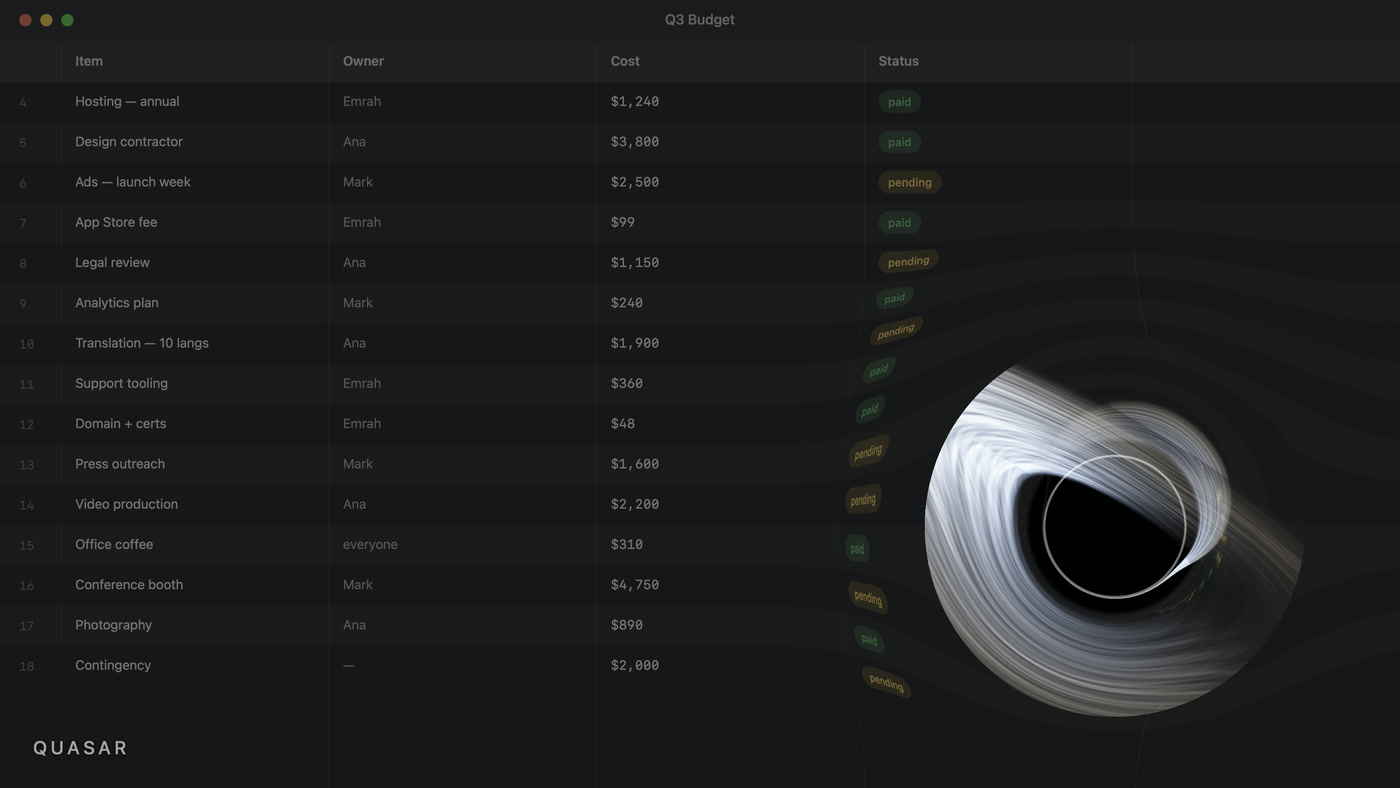 Quasar — Black Hole for Mac Black Hole for Mac in the Quasar style — a hot blue-white disk, wide and heavily Doppler-beamed