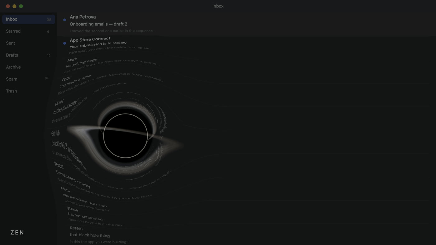 Zen — Black Hole for Mac Black Hole for Mac in the Zen style — a dim, slow disk that stays out of the way while you work